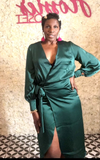 Long Sleeve Midi Wrap Dress Green